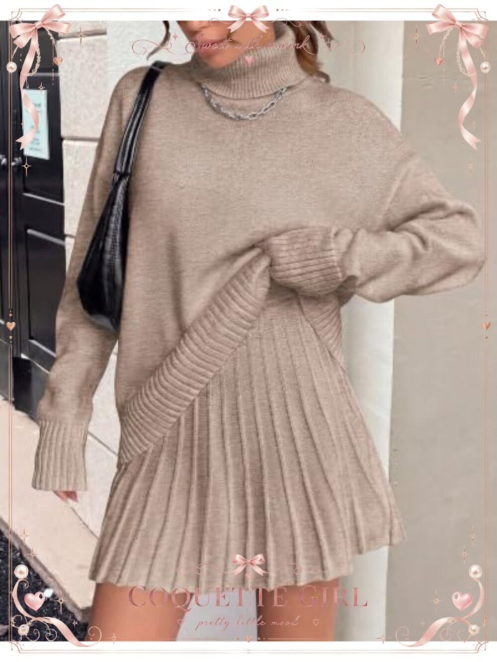 Turtleneck Sweater & Pleated Mini Skirt 2 Piece Set Knit Lounge Set - Picture 2 of 6